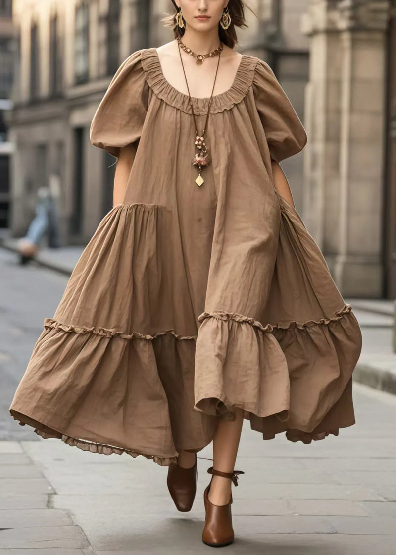 Brown Oversized Ruffled Vacation Dresses Lantern Sleeve