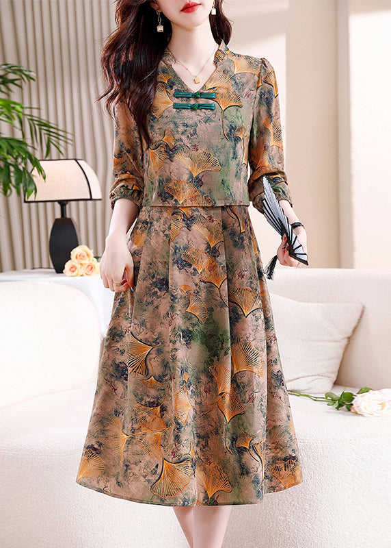 V Neck Print False Two Pieces Cotton Dress Fall