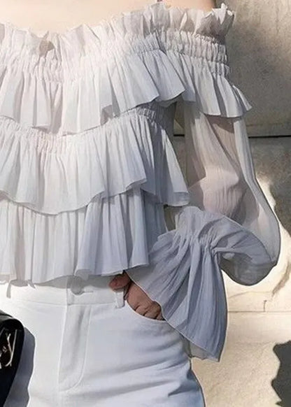 New Light Grey Ruffled Chiffon Blouses Butterfly Sleeve