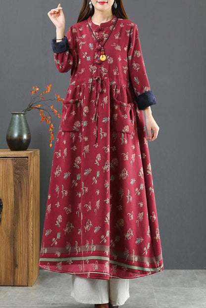 -winter Thick Plush Retro Cotton Linen Dress