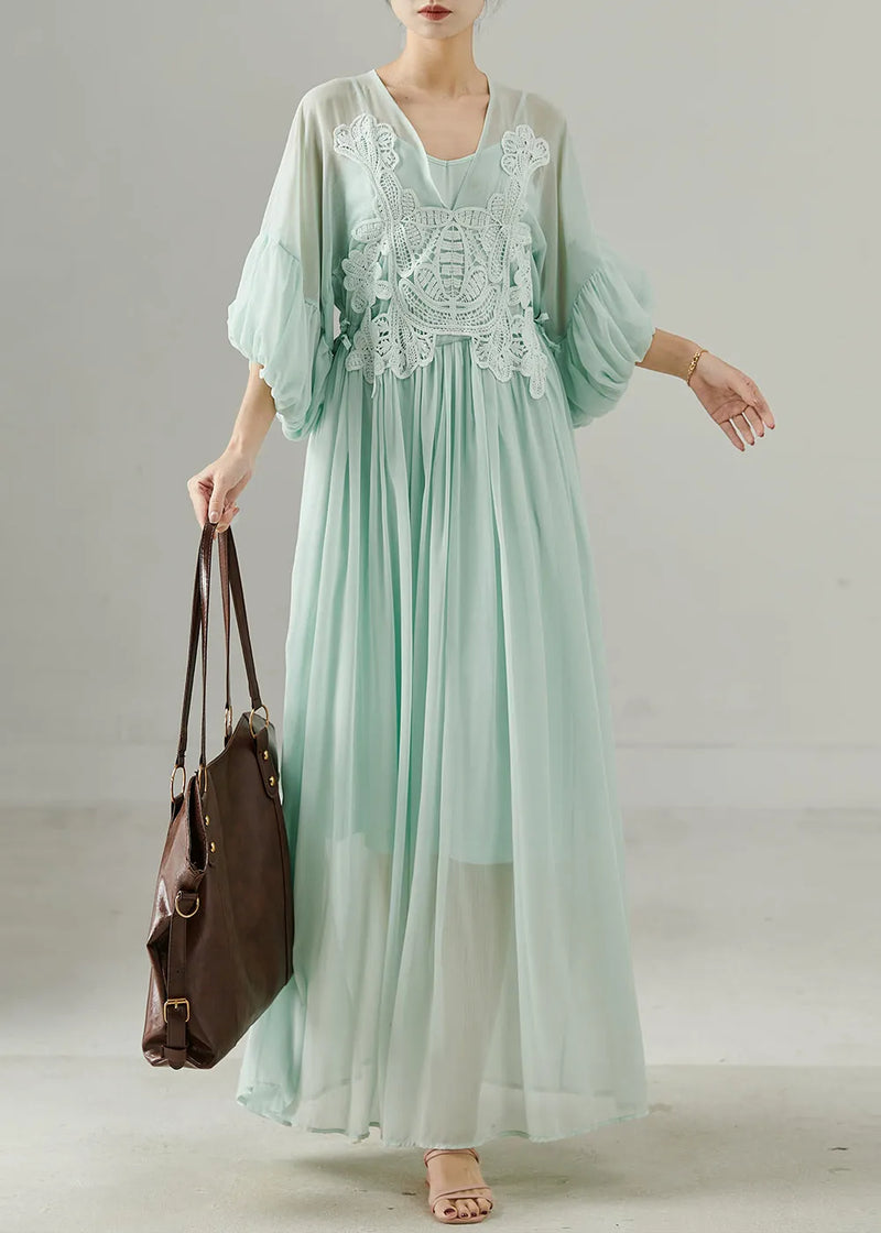 Green V Neck Patchwork Chiffon Long Dress Summer