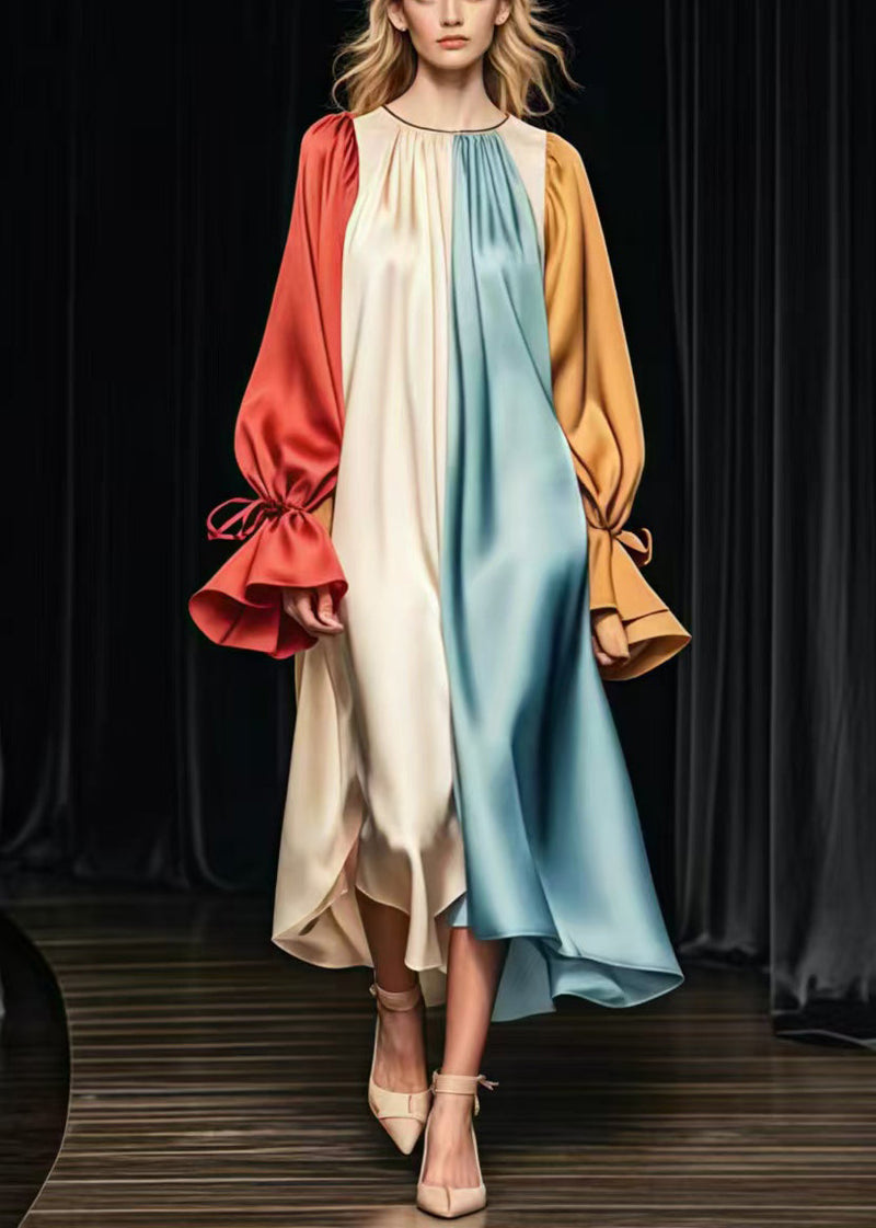 Colorblock Oversized Patchwork Silk Long Dress Flare Sleeve