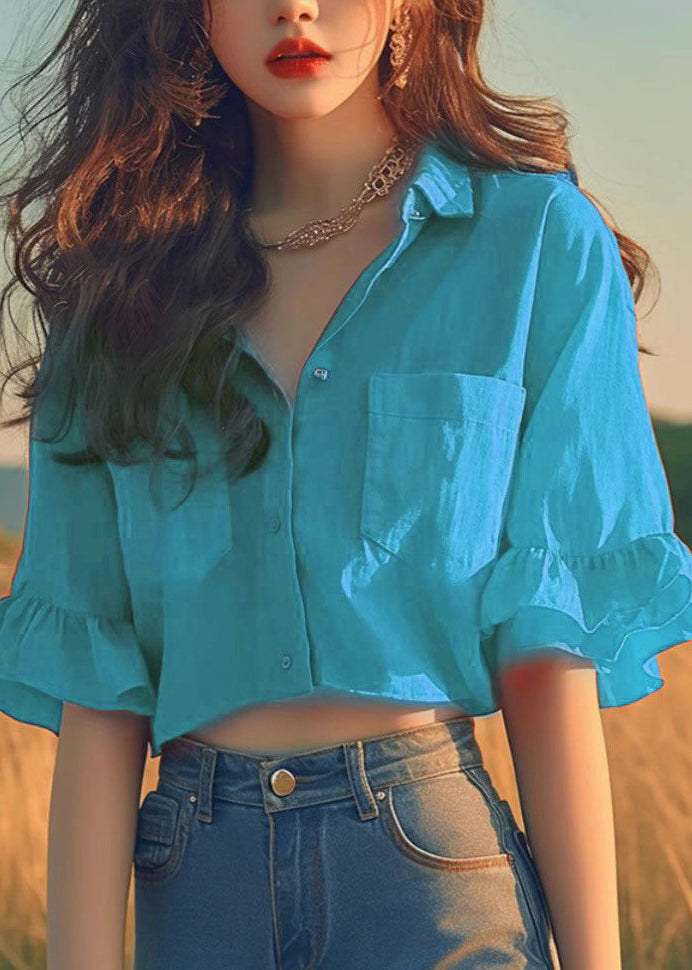 Red Peter Pan Collar Cotton Short Shirts Flare Sleeve