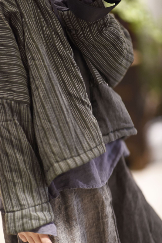 New Retro Linen Striped Stitching Cardigan Cotton Jacket
