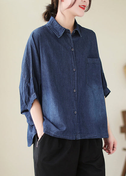 Navy Oversized Washed Denim Blouses Batwing Sleeve