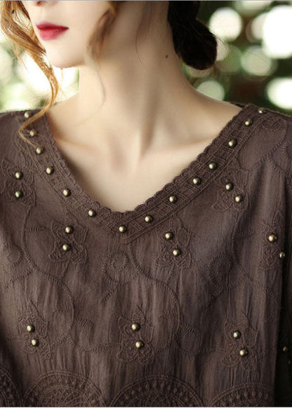 Chocolate Embroidered Hollow Out Fall Long Sleeve Shirt Tops