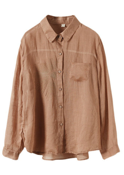 Classy Khaki Embroidered Ramie Top Long Sleeve
