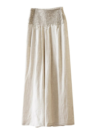 Apricot High Waist Embroidered Linen Wide Leg Pants Fall