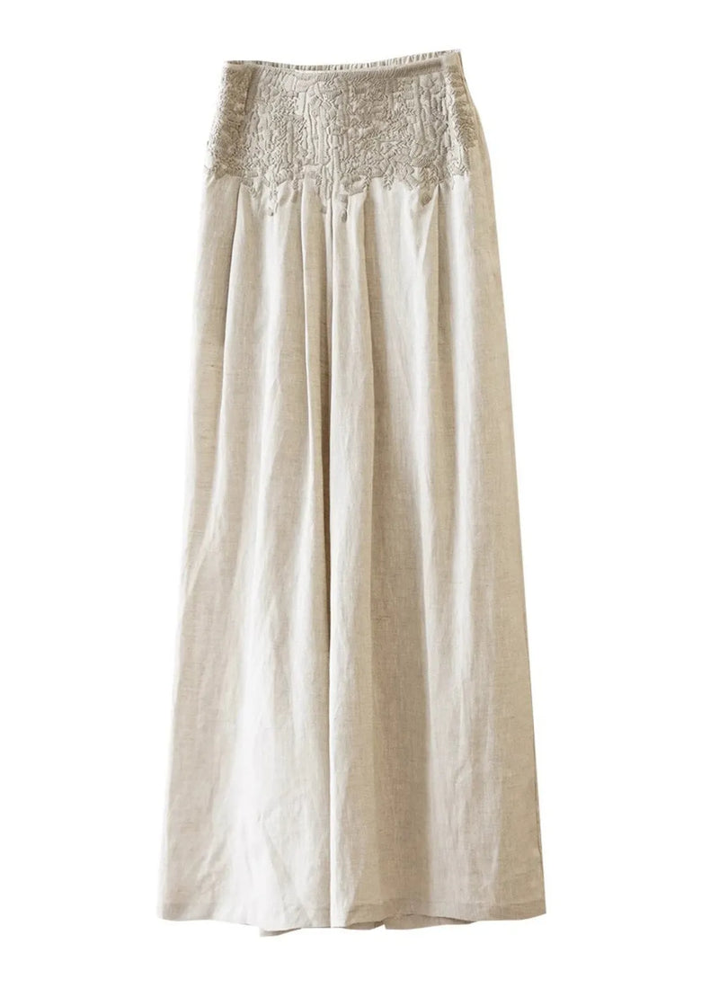 Apricot High Waist Embroidered Linen Wide Leg Pants Fall