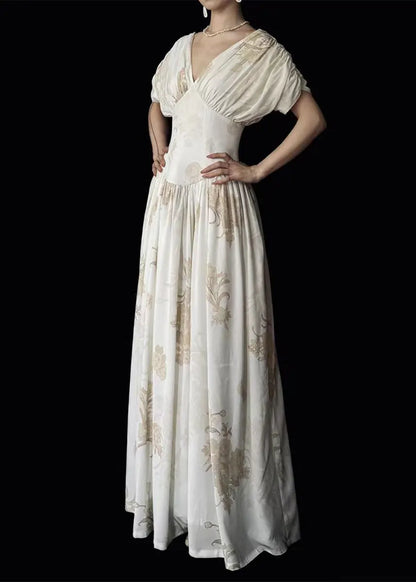 New White V Neck Print Pockets Cotton Maxi Dress Summer
