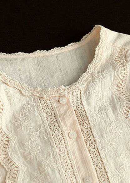 Apricot Hollow Out Embroidered Patchwork Cotton Blouses Summer
