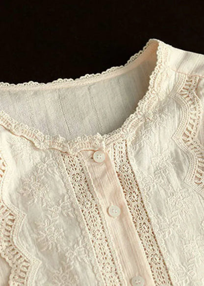 Apricot Hollow Out Embroidered Patchwork Cotton Blouses Summer