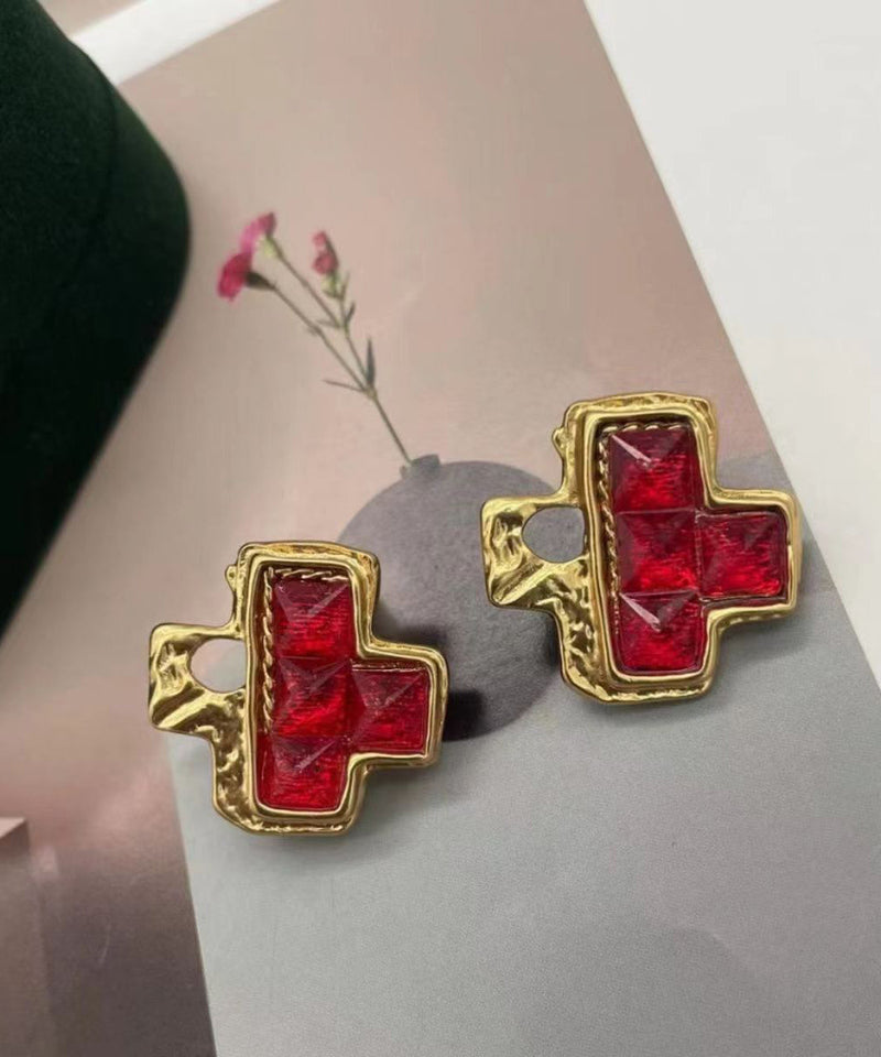 Diy Red Sterling Silver Overgild Crystal Asymmetric Stud Earrings