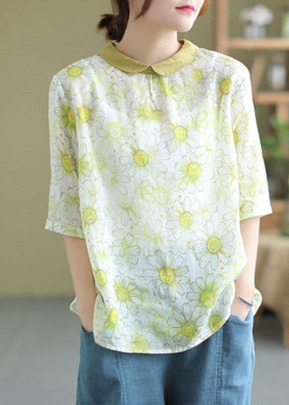 Modern Green Peter Pan Collar Print Summer Ramie Half Sleeve Tops