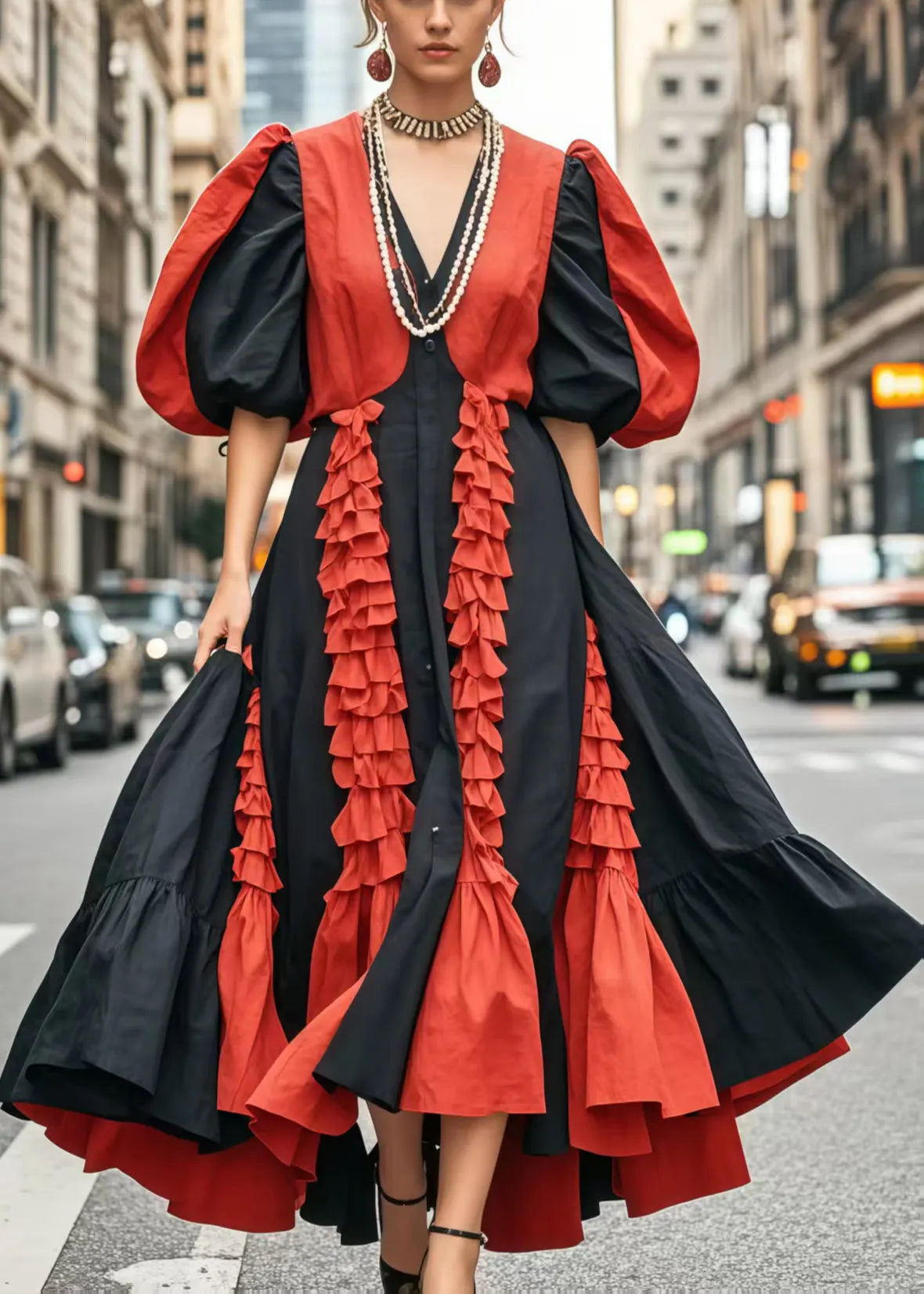 Colorblock Puff Sleeve Patchwork Ruffled Cotton Dress Vestidos