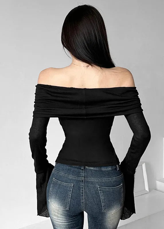 Slim Fit Black Slash Neck Tulle Tops Long Sleeve