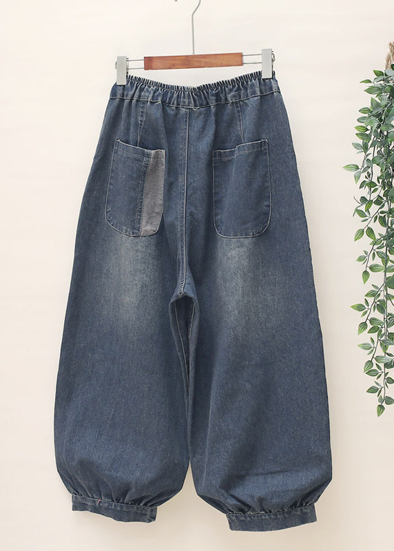 Blue Pockets Patchwork Elastic Waist Denim Harem Pants Spring
