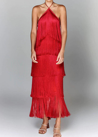 Camel Tassel Backless Halter Long Dress Summer