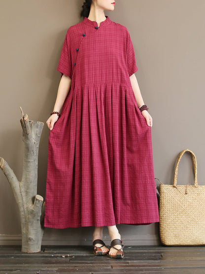 Pleated Plaid Chinese Style Dress