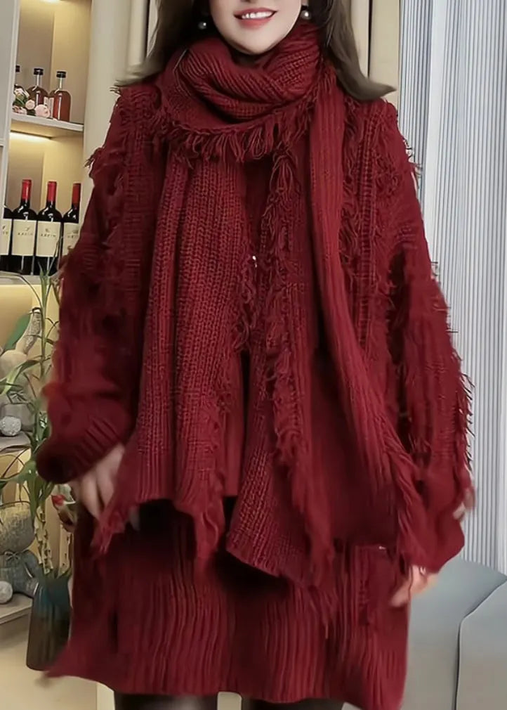 Red Tassel Patchwork Knitted Sweaters Spring