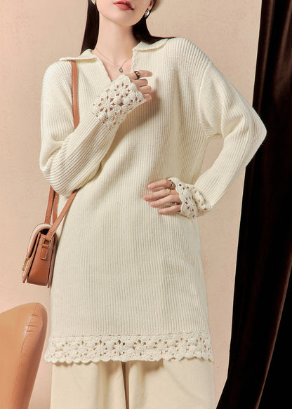 Beige Peter Pan Collar Hollow Out Knit Mid Dress Spring
