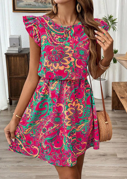 Rose Ruffled Print Cotton Vacation Dresses Summer