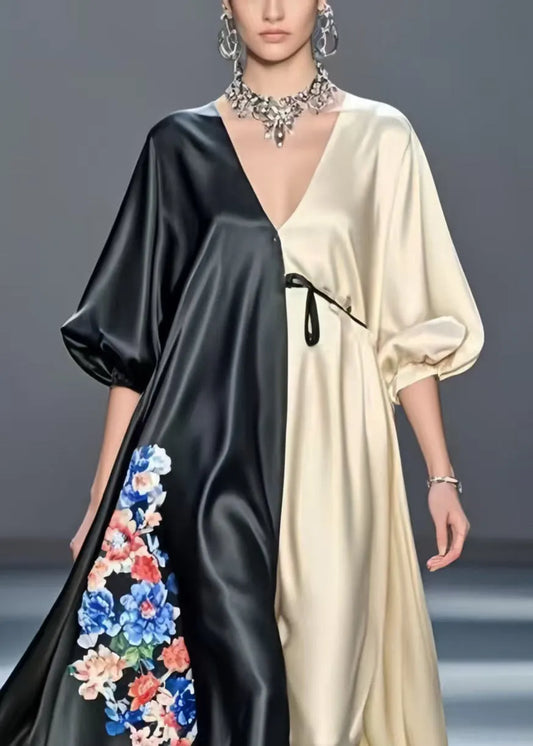 Colorblock Patchwork Silk Maxi Dresses Oversized Print Spring