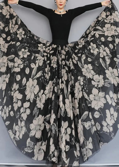 Black Print Exra Large Hem Chiffon Skirts Spring