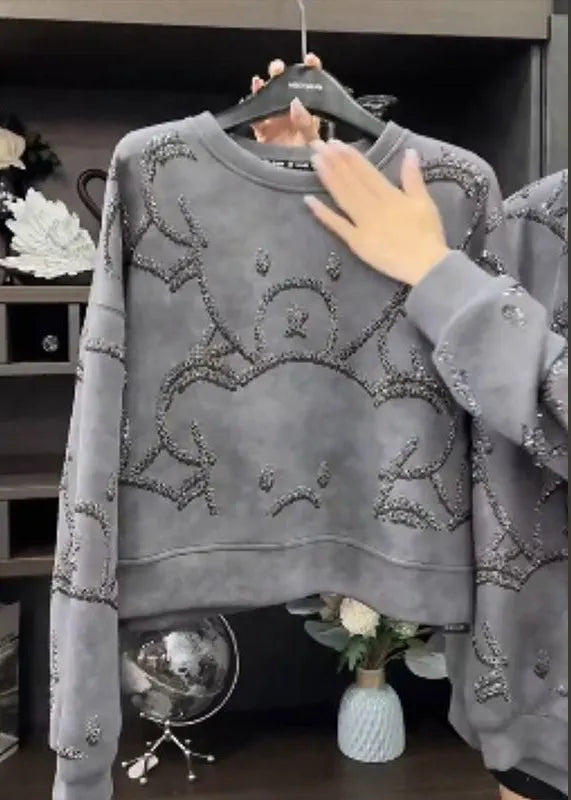 Grey O-neck Sequins Sweatshirt Fall