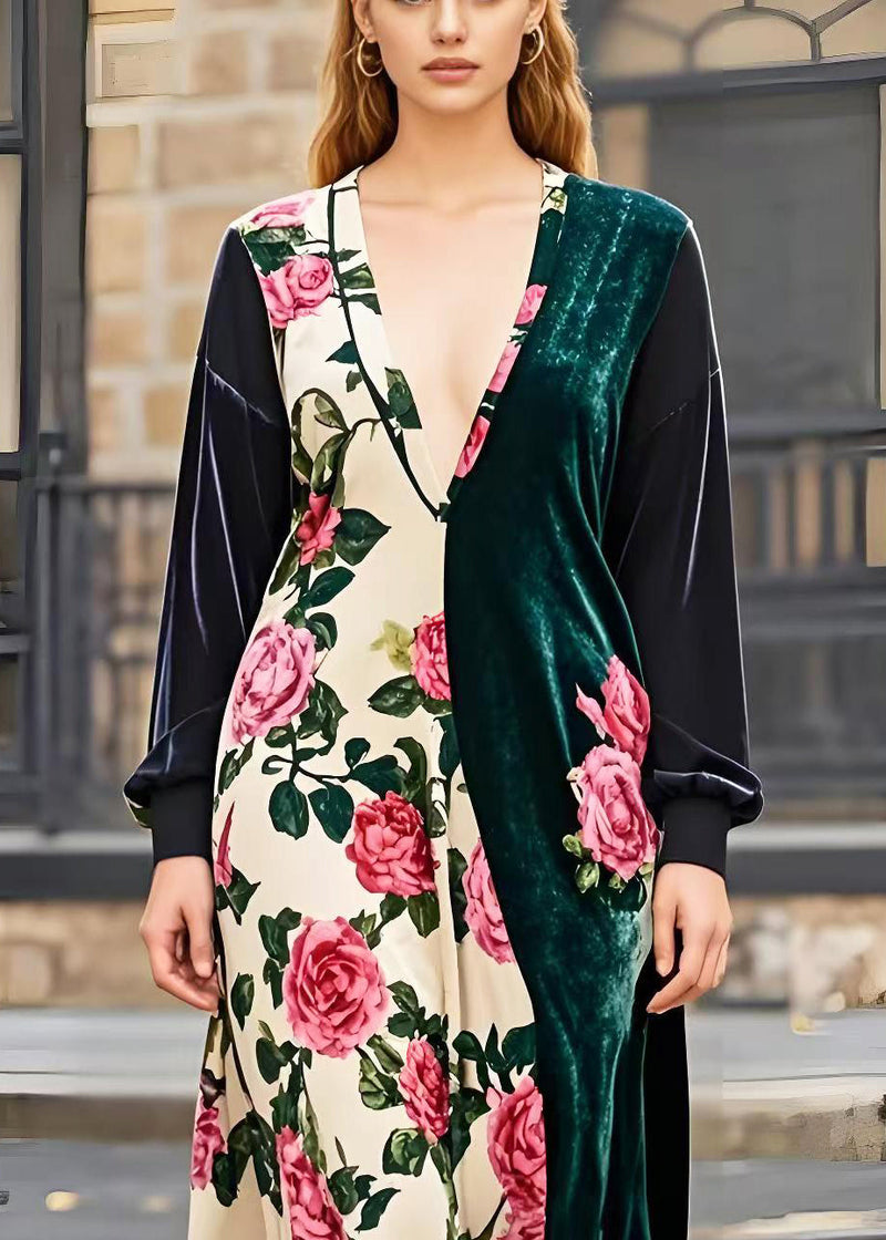 Asymmetrical Patchwork Silk Velvet Maxi Dresses Spring