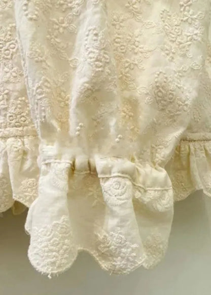Classy Beige Ruffled Patchwork Embroidered Cotton Blouses Spring