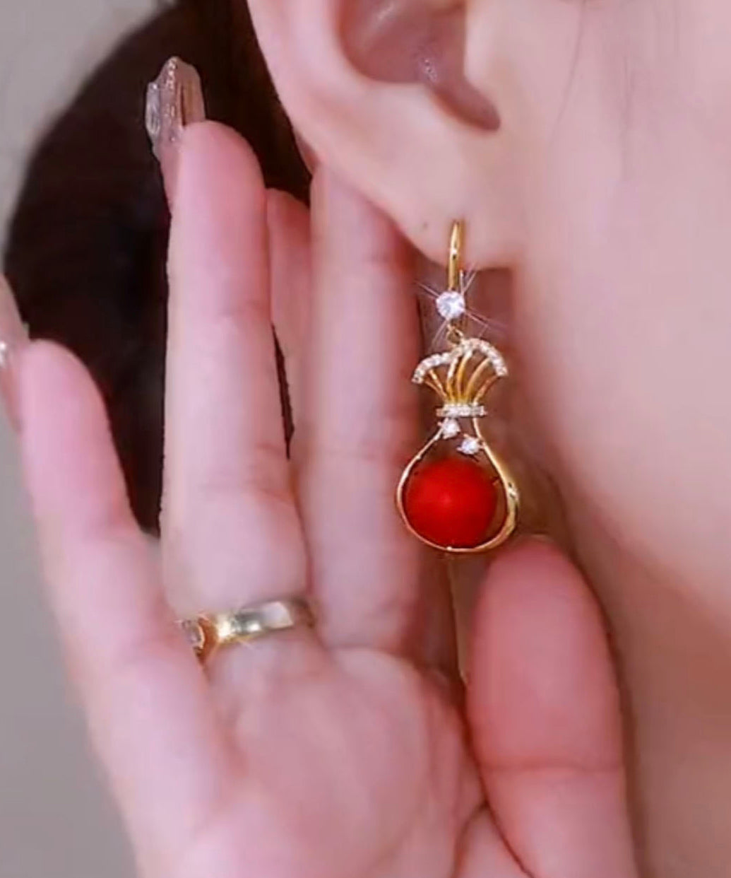 Red Stering Silver Overgild Zircon Pearl Money Bag Drop Earrings