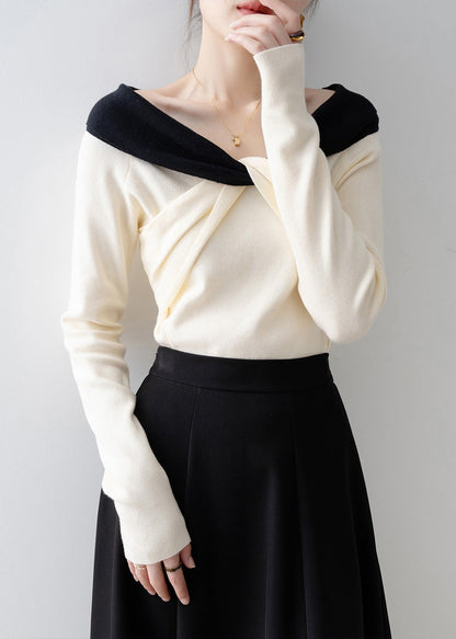 New Beige Slash Neck Slim Cross Knit Top Spring