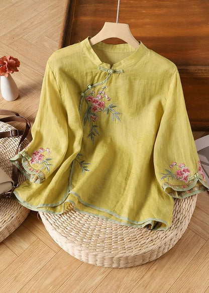 Chinese Style Apricot Stand Collar Embroidered Tops Spring
