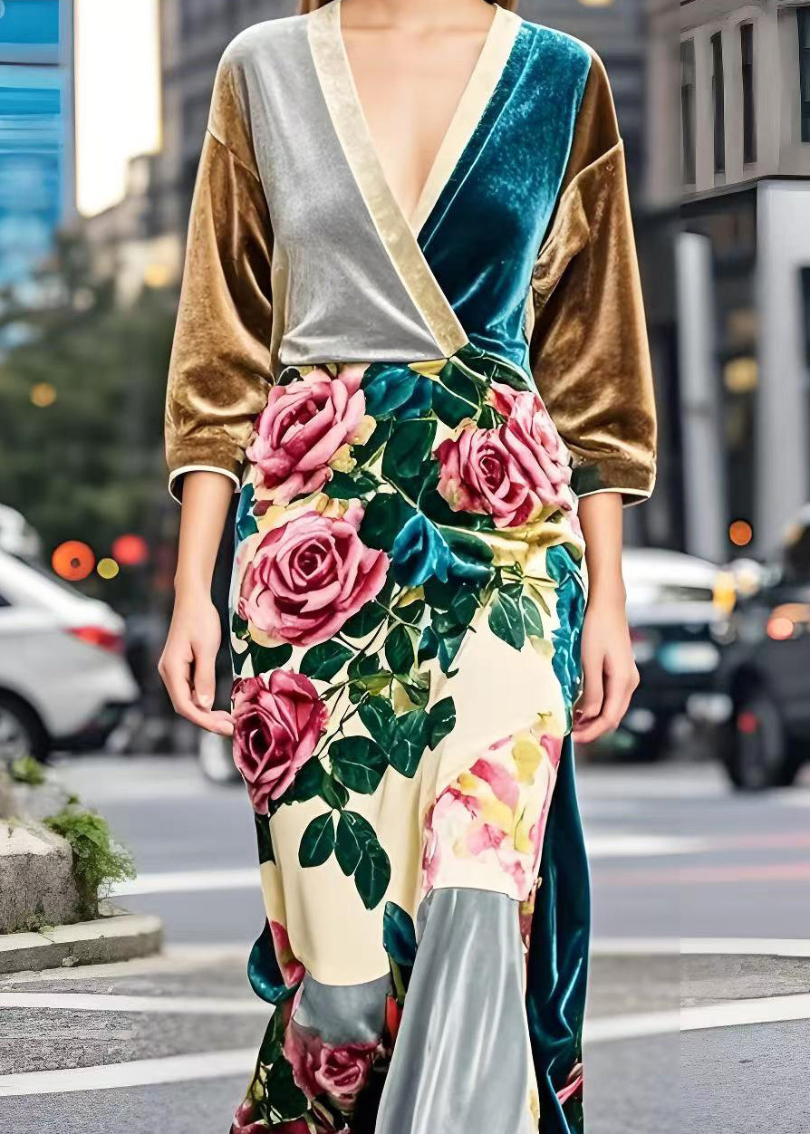 Colorblock V Neck Silk Velvet Dresses Bracelet Sleeve