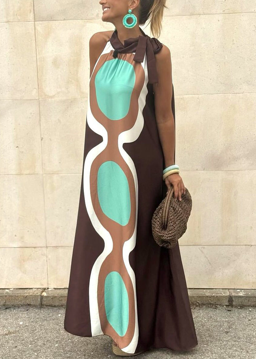 Coffee Lace Up Print Cotton Long Dresses Sleeveless