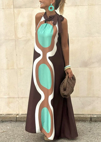 Coffee Lace Up Print Cotton Long Dresses Sleeveless