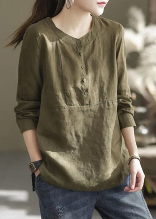 Classy Green O-neck Button Patchwork Linen Shirt Top Long Sleeve