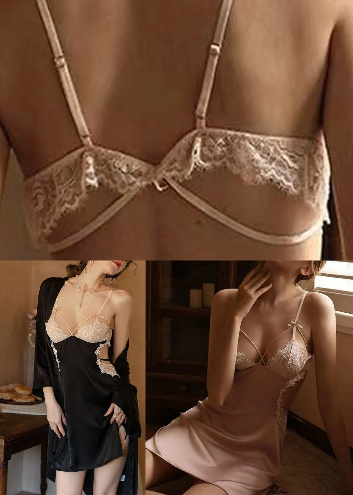 Club Pink Lace Patchwork Ice Silk Cardigans and Slips Lingerie Set