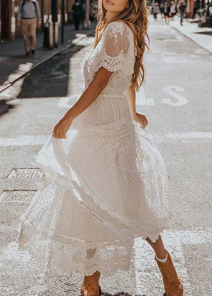 French White V Neck Patchwork Lace Long Dresses Summer