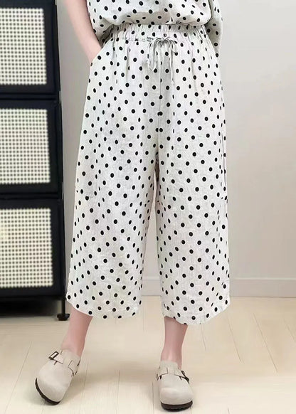 Classy White Oversized Dot Print Linen Wide Leg Pants Summer