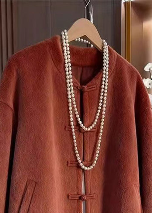 Orange O-neck Button Pockets Woolen Coats Winter