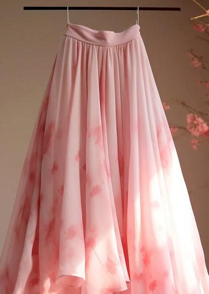 Italian Pink Print High Waist Chiffon Skirts Summer