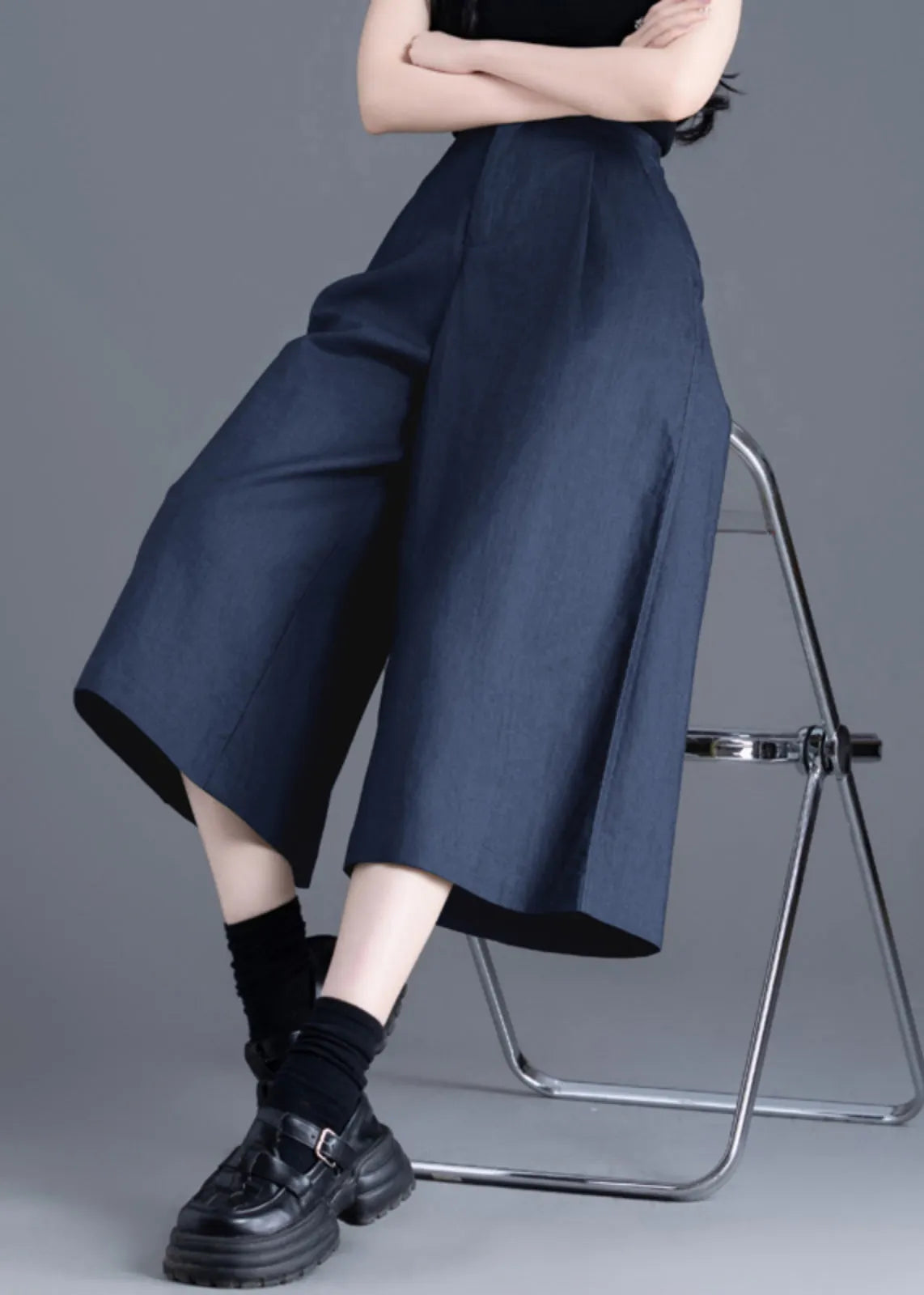 Italian Navy High Waist Linen Crop Pants Skirts Summer