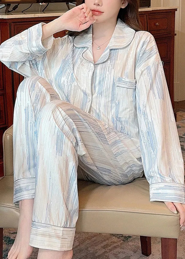 Striped Peter Pan Collar Button Cotton Pajamas Two Pieces Set Spring