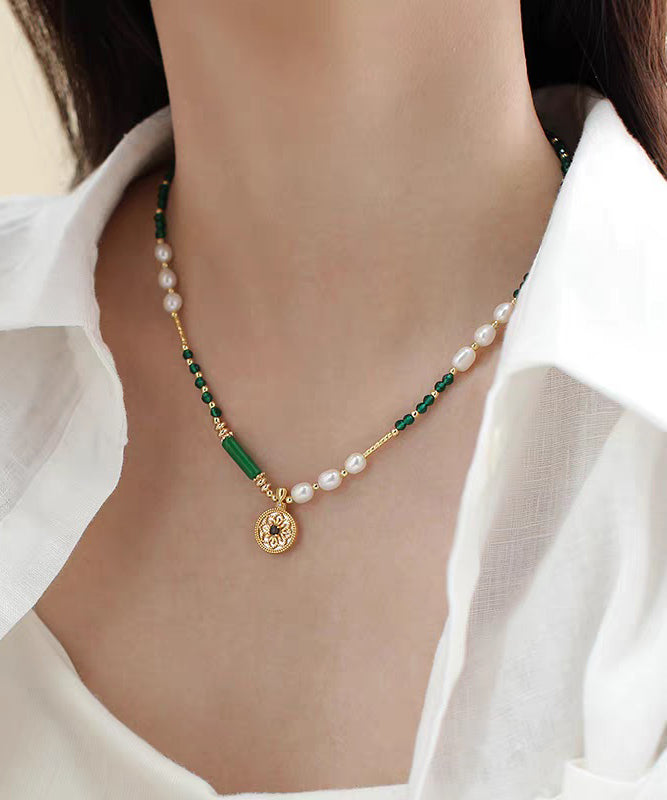 Chinese Style Green Copper Alloy Crystal Patchwork Beading Pendant Necklace