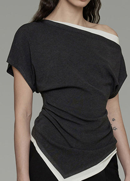 Dark Grey Cold Shoulder Asymmetrical Design Cotton Top Summer