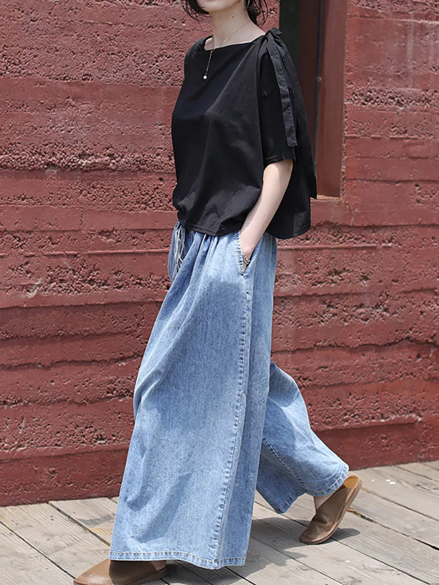 Drawstring Blue Denim Wide Leg Pants Jeans