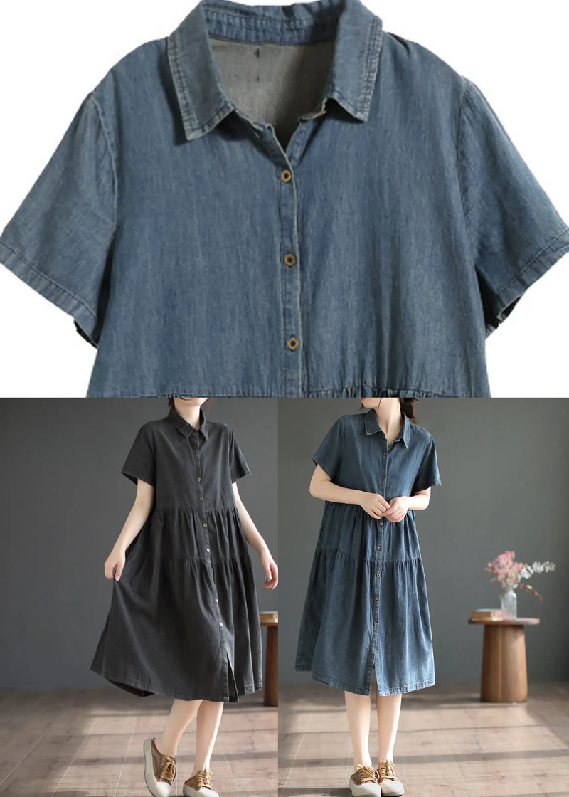 Retro Blue Patchwork Silk Vacation Denim Long Shirt Dresses Summer