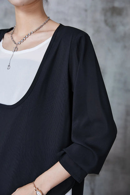 Modern Black U-neck Patchwork Chiffon Fake Two Piece Top Fall
